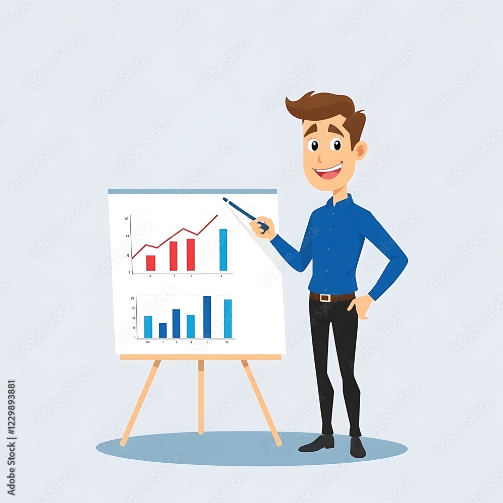 Animated illustration of a businessman presenting a growth chart. Animated illustration of a businessman presenting a growth chart.