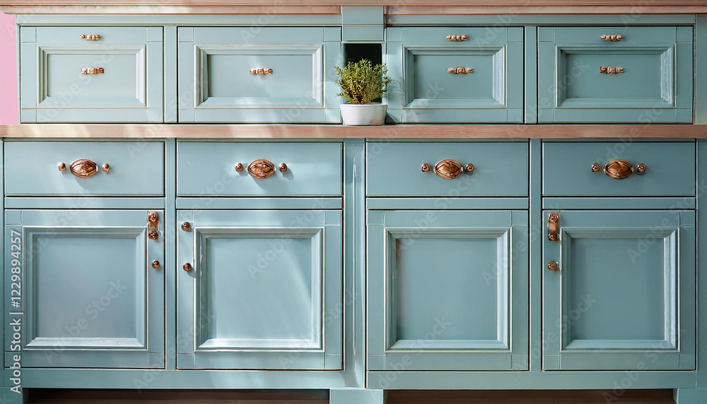 Fototapeta premium a duck egg blue kitchen cabinets paired with antique bronze hardware vintage style