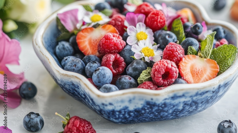 Fresh berries in a heart-shaped bowl, styled with edible flowers for a romantic Valentine vibe Fresh berries in a heart-shaped bowl, styled with edible flowers for a romantic Valentine vibe