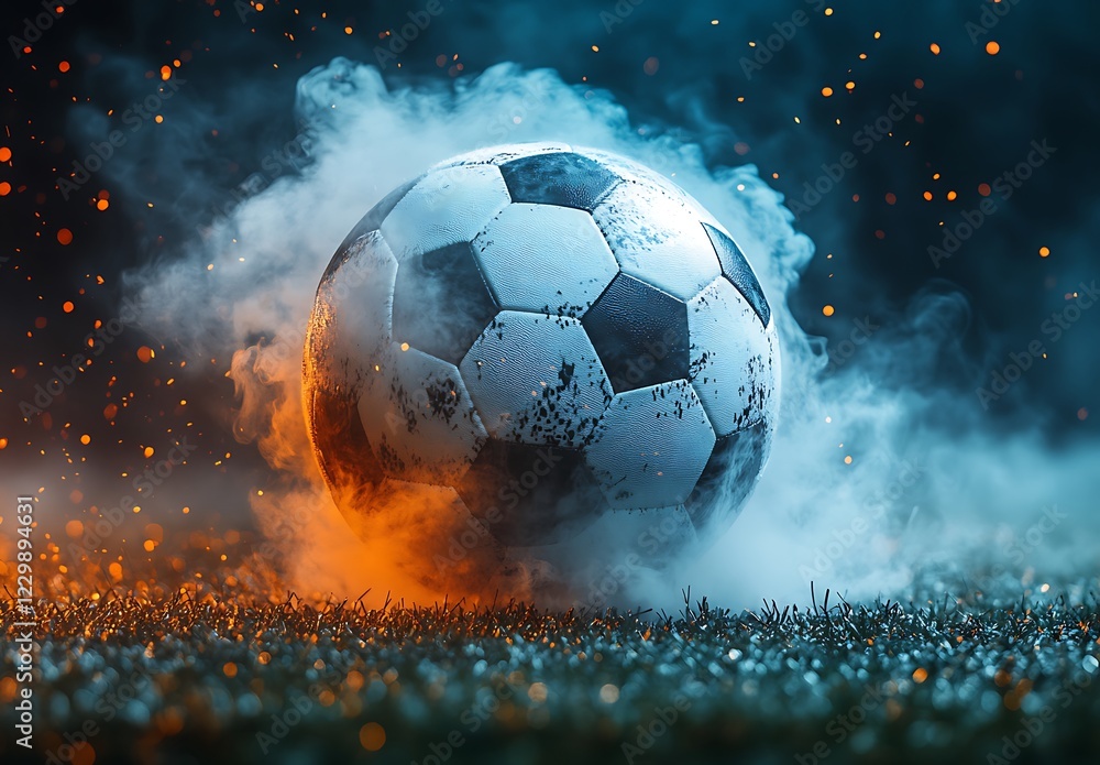 Fototapeta premium Soccer ball in the stadium field grass with white smoke place on ground grass black background