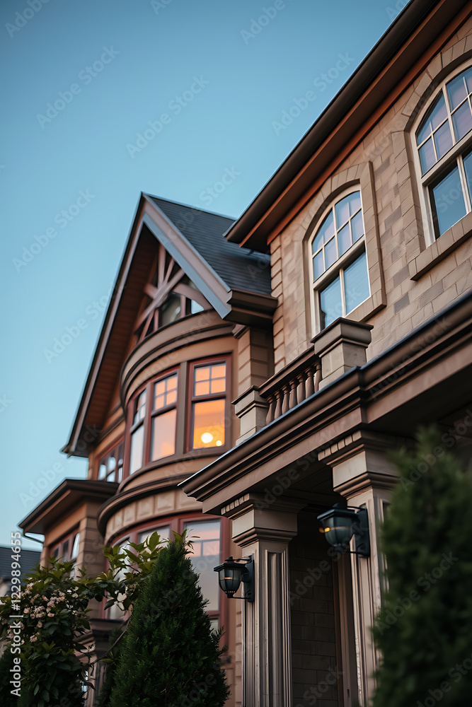 Luxury Home Exterior at Dusk: Modern Architecture, Elegant Design, and Stunning Facade Luxury Home Exterior at Dusk: Modern Architecture, Elegant Design, and Stunning Facade