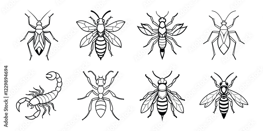 Insects liner art set. Vector illustrations poisonous insects isolated on white background Insects liner art set. Vector illustrations poisonous insects isolated on white background