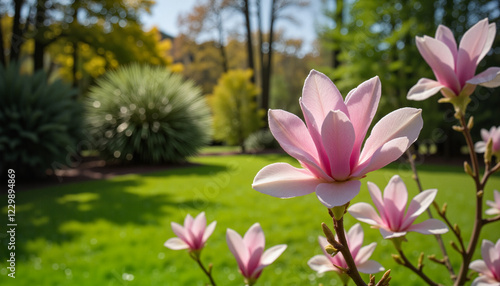 Vibrant pink magnolia blossoms in a serene garden setting with lush greenery