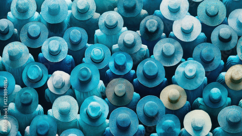 A high-angle shot of a large group of people standing together, all wearing hats in varying shades of blue, evoking a sense of unity and harmony