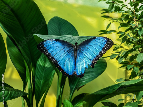 Canvas Print Blue Morpho butterfly sitting on green leaves in a tropical forest jungle