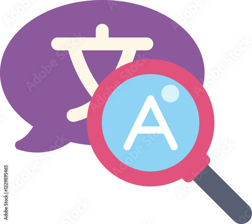 Magnifying glass analyzing foreign language with speech bubble symbol for translation service or learning concept