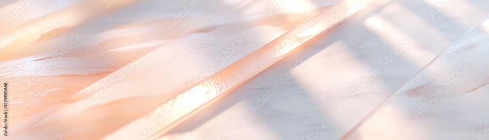 Fototapeta premium A semi-opaque frosted glass surface beautifully lit by warm diagonal light beams, revealing blurred shapes behind for an inviting, serene ambiance filled with depth