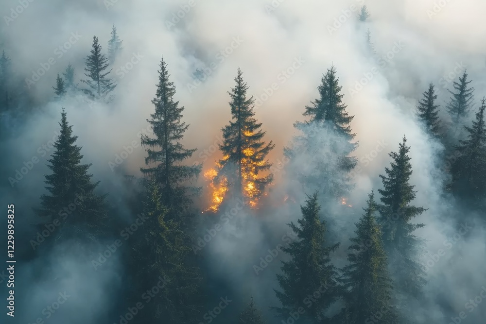 Forest fire engulfs trees as smoke rises in a dramatic display of nature's fury at dusk Forest fire engulfs trees as smoke rises in a dramatic display of nature's fury at dusk