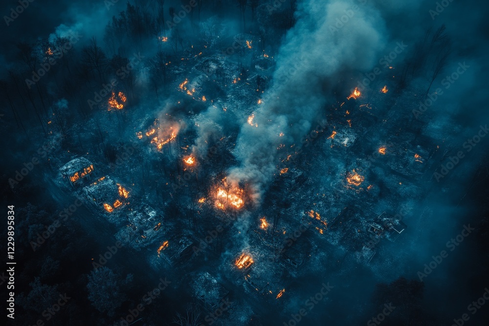 Fototapeta premium Severe destruction from a wildfire spreads through a rural community engulfed in flames during nightfall