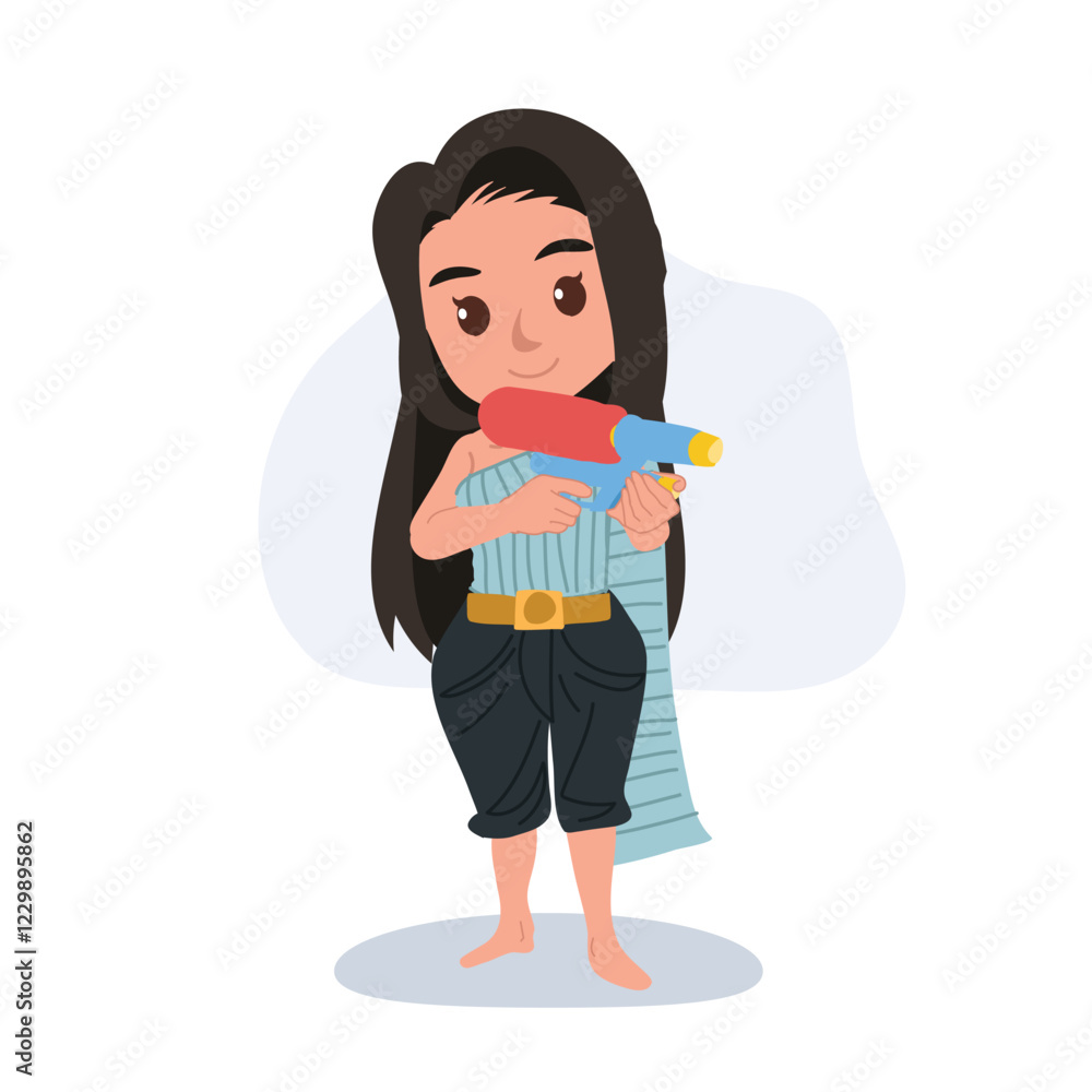 cartoon thai woman in traditional thai dress with water gun celebrating songkran festival cartoon thai woman in traditional thai dress with water gun celebrating songkran festival