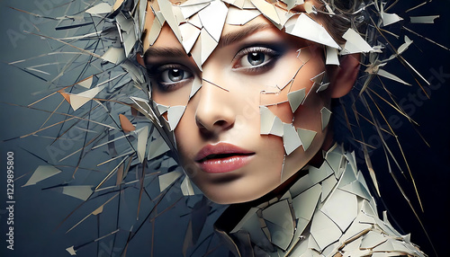 Stunning close-up portrait of a woman adorned with a striking, fragmented, geometric headdress and neckpiece.