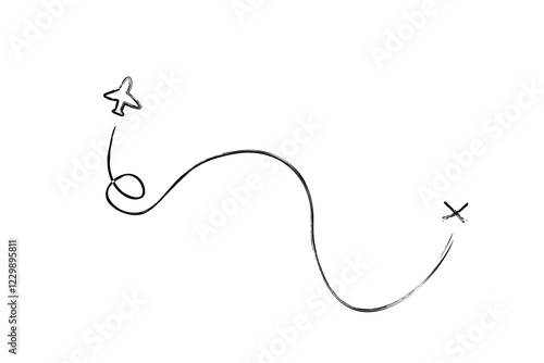 A simple black and white hand-drawn sketch of an airplane following a curved flight path towards a marked destination, symbolizing travel and navigation. 