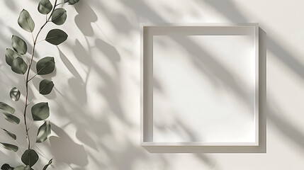 Minimalistic mockup of a photo frame with an eucalyptus branch on a white wall. 3D rendering