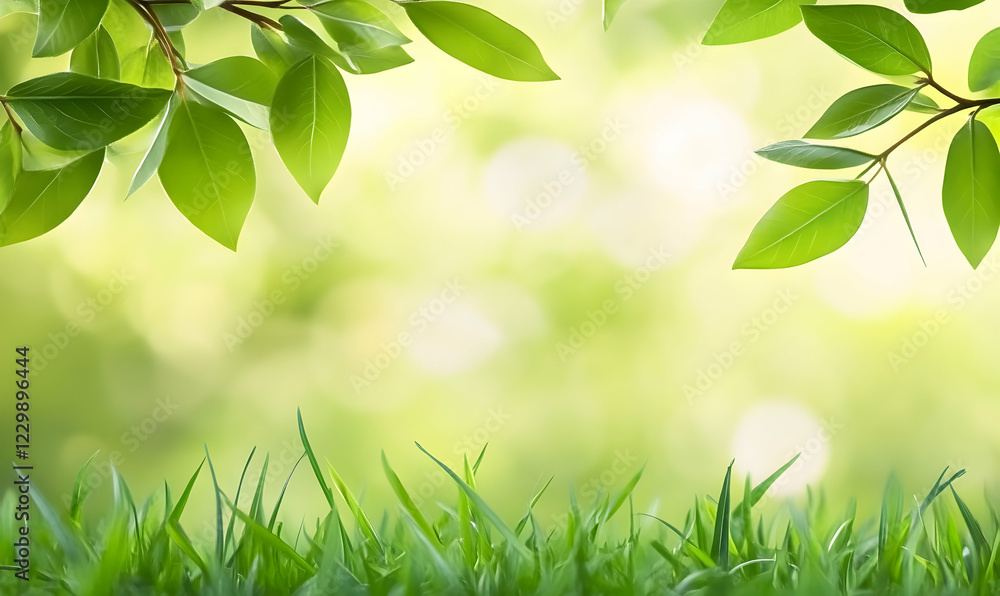 Serene spring scene featuring vibrant green leaves and fresh grass against a soft, blurred background. Ideal for nature-themed designs or calming visuals. Serene spring scene featuring vibrant green leaves and fresh grass against a soft, blurred background. Ideal for nature-themed designs or calming visuals.