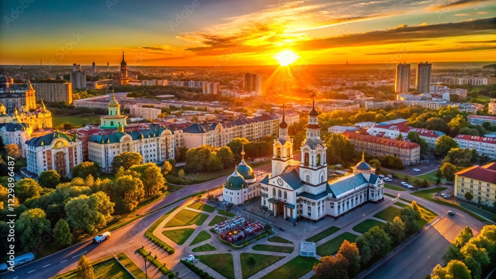 Naklejka premium Aerial Sunset View of Perm, Russia: Historic Architecture at Dusk - Drone Photography