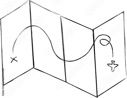 A black and white hand-drawn sketch of a folded map featuring an airplane curved route from start to destination, representing travel planning and exploration. 