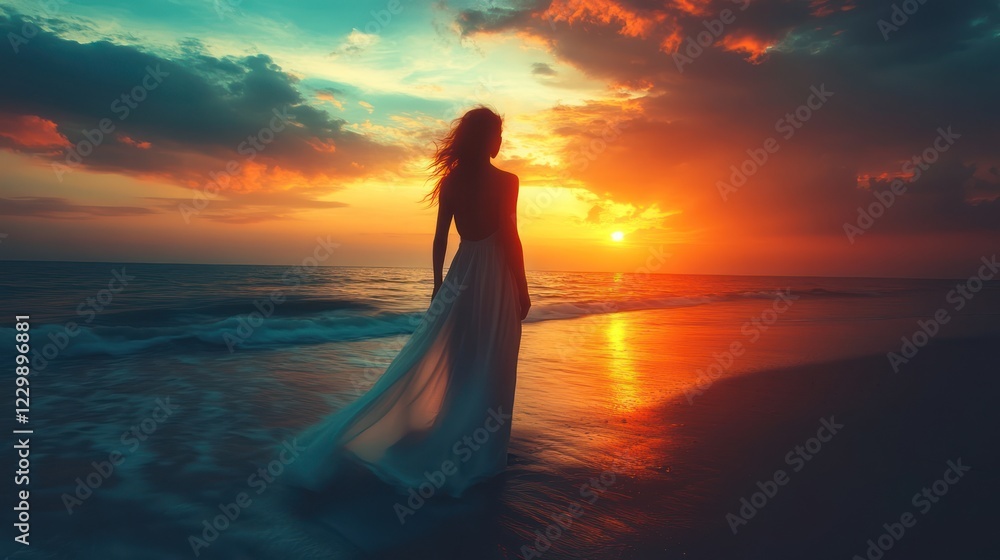 Fototapeta premium Woman in white dress at sunset ocean beach.