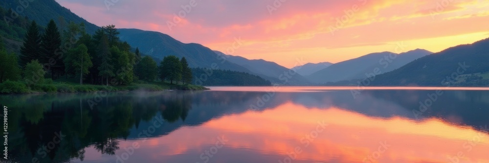 Trees and hills reflected in the calm waters of Lake Anterselva during sunset, serene, hill, peaceful Trees and hills reflected in the calm waters of Lake Anterselva during sunset, serene, hill, peaceful