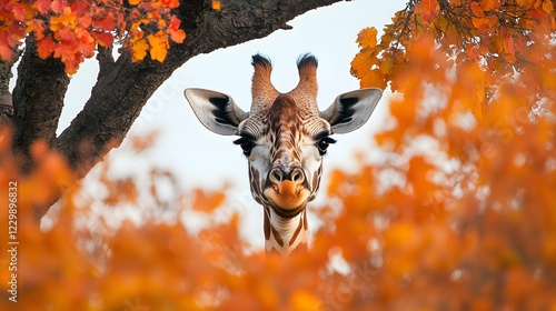A giraffe peeking over the top of a tree, white background highlighting its neck