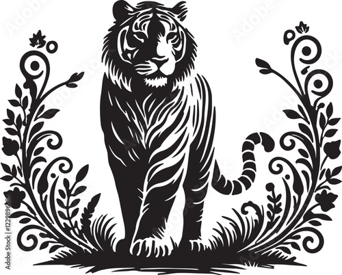 Tiger Silhouette isolated on white background Minimalist tiger vector shape icon