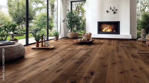 inviting luxury living room with polished hardwood floors and a cozy fireplace, complemented by expansive windows that showcase a beautiful outdoor landscape