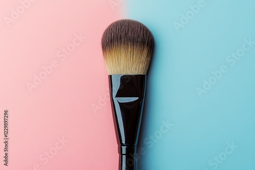 Makeup brush positioned on a split pastel background showcasing beauty tools and artistry techniques