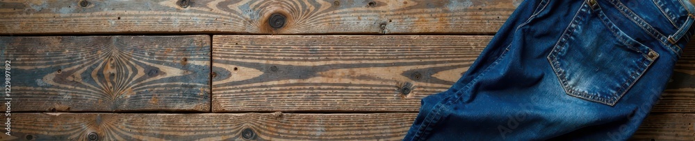 Naklejka premium Dark wash jeans loosely draped on weathered wood, worn, seam detail, weathered wood