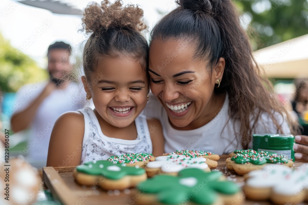 Fototapeta premium A joyful mother and daughter smiling together while decorating vibrant cookies, capturing the essence of family bonding and sweet moments in life.