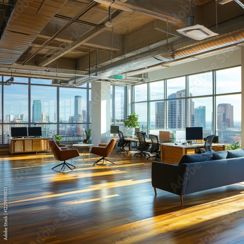 Corner view office loft interior with pc computers, coworking zone with armchairs and desk in row on hardwood floor. Cozy workspace with furniture and panoramic window on Kuala Lumpur. 3D rendering photo