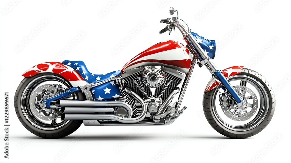 Custom motorcycle with red, white, and blue design, white isolated background. Custom motorcycle with red, white, and blue design, white isolated background.
