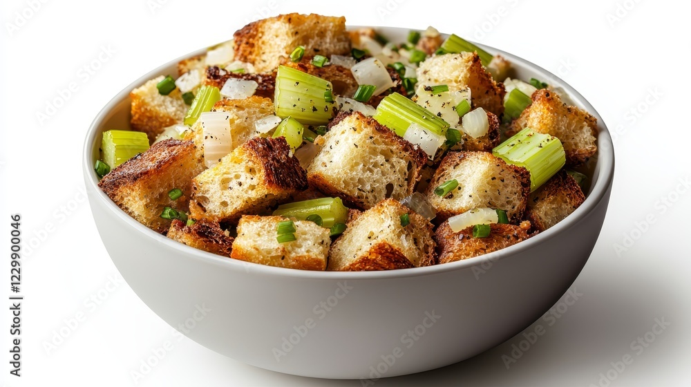 classic bread stuffing with celery and onions, side dish element, photo-realistic close-up, isolated on white background classic bread stuffing with celery and onions, side dish element, photo-realistic close-up, isolated on white background
