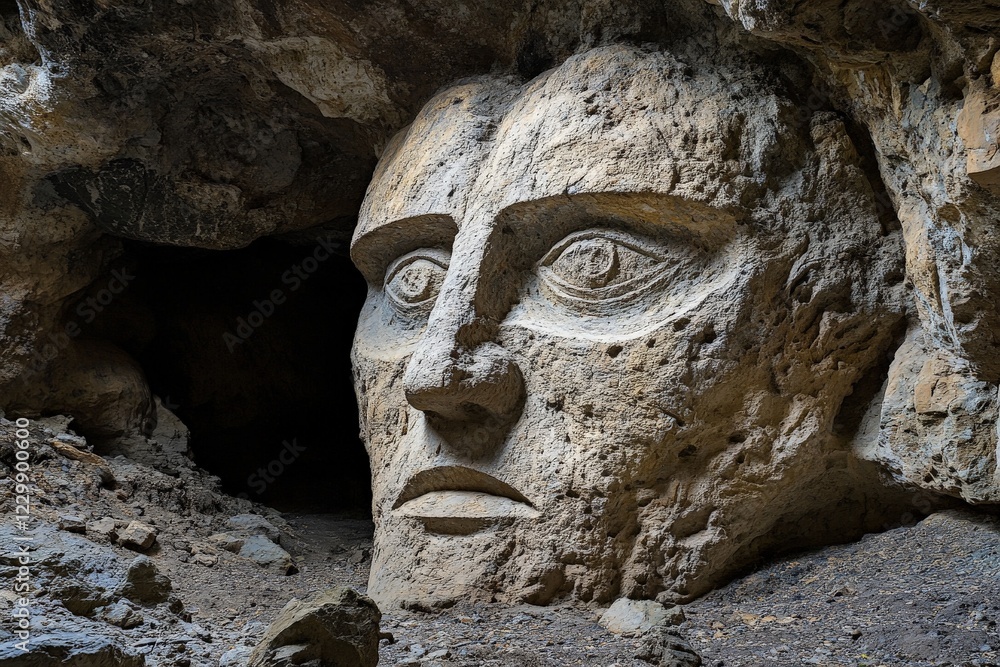Obraz premium Ancient carved stone face located inside a cave amid rugged terrain in a remote area, showcasing intricate details and artistic skill