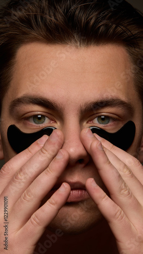 Close up of young man with healthy skin applying moisturized hydrogel black patches against brown studio background. Concept of selfcare and love, natural beauty, cosmetology. photo