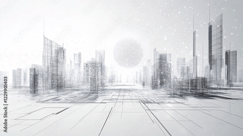 Fototapeta premium A highly detailed digital wireframe cityscape with futuristic skyscrapers and a glowing sun in the background symbolizing innovation and advanced urban technology 