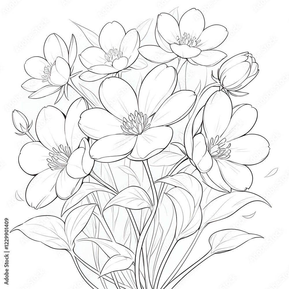 Fototapeta premium Elegant black-and-white line art of blooming flowers