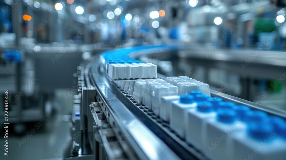 Obraz premium Conveyor belt carrying packaged products in a factory.