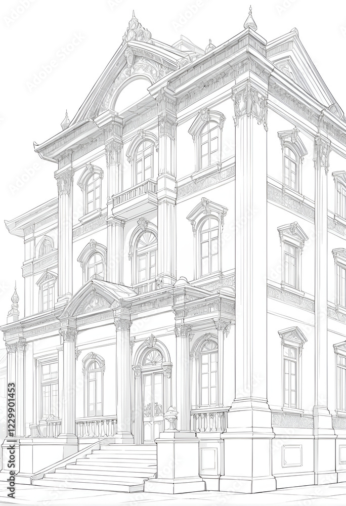 Line art of a classical building with intricate details. Line art of a classical building with intricate details.