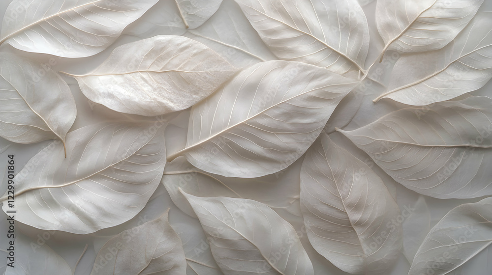 Obraz premium Delicate arrangement of bleached leaves, showcasing intricate leaf veins. Subtle, elegant background for design projects.