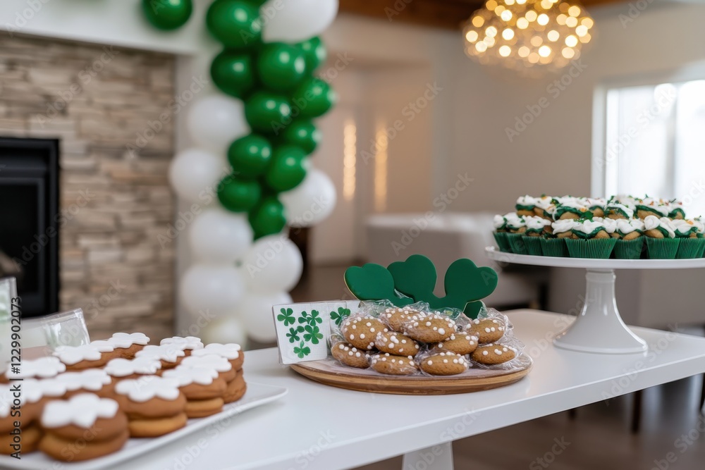 A beautifully arranged table of festive green-themed treats, featuring cookies, cupcakes, and decorations for a vibrant celebratory occasion. A beautifully arranged table of festive green-themed treats, featuring cookies, cupcakes, and decorations for a vibrant celebratory occasion.