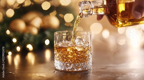 Close-up of bartender pouring maple bourbon into an Old Fashioned glass, warm amber glow, festive Thanksgiving wreath in background