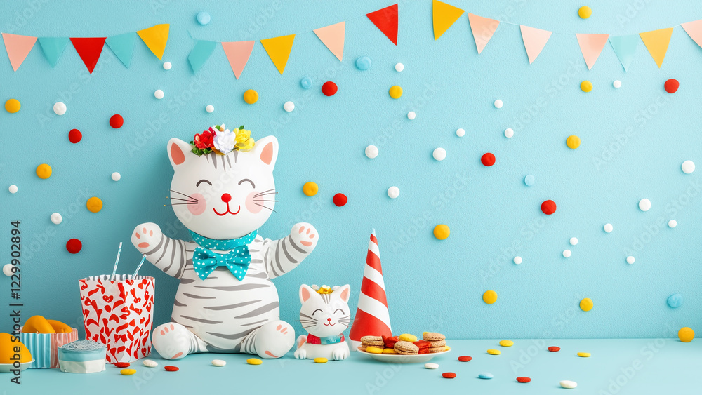 Cute Cartoon Cats Celebrating a Party with Colorful Decorations and Treats, cats sit together, adorned with a bow tie and flower crown, amidst colorful treats, radiating a joyful, playful atmosphere Cute Cartoon Cats Celebrating a Party with Colorful Decorations and Treats, cats sit together, adorned with a bow tie and flower crown, amidst colorful treats, radiating a joyful, playful atmosphere