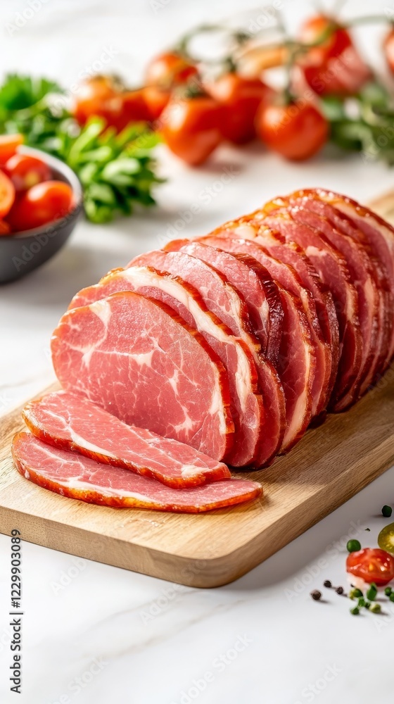 Sliced ham with fresh vegetables on wooden cutting board in kitchen setting