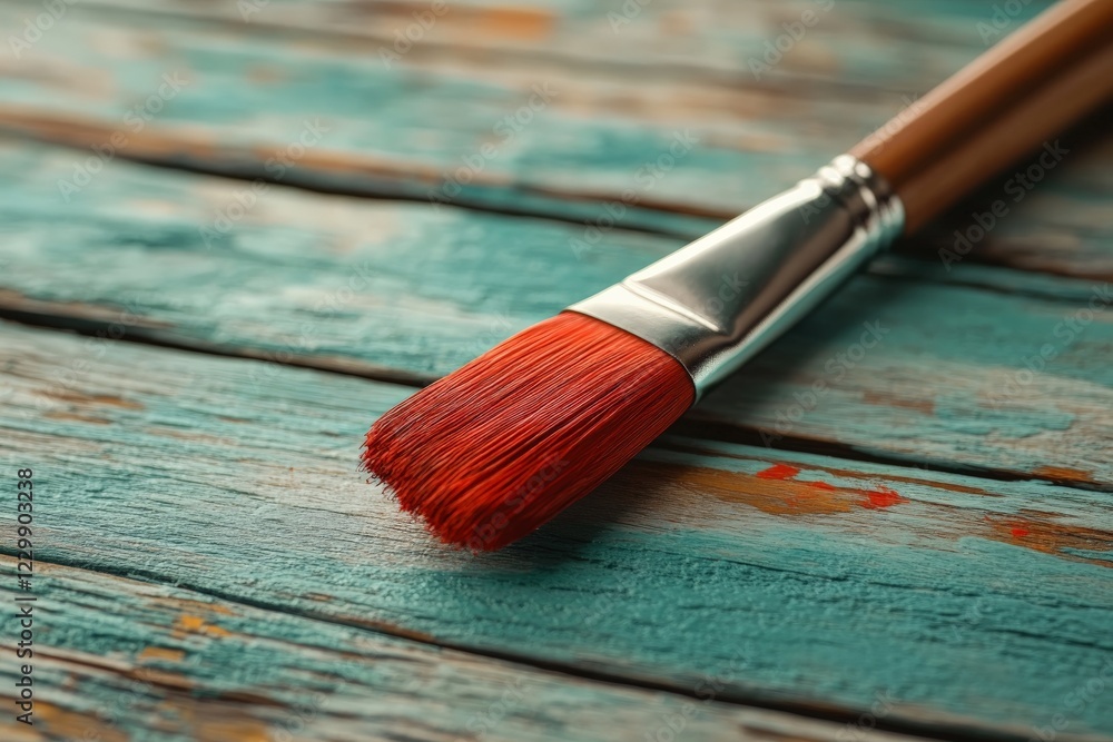 Vibrant red paintbrush rests on rustic wooden table with turquoise finish Vibrant red paintbrush rests on rustic wooden table with turquoise finish