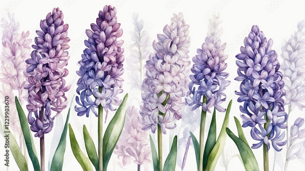Obraz premium Watercolor background with purple and lilac hyacinth flowers