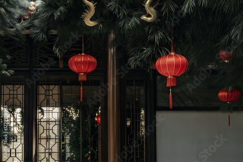 Red Lanterns Hanging from Greenery