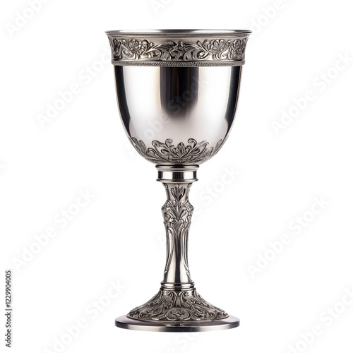 A silver chalice with a smooth surface and detailed filigree engravings, exuding an aura of elegance and historical significance. photo