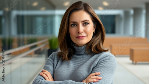 Professional woman, mid 40s, confident pose, arms crossed, friendly smile, office background, natural lighting, shoulder-length brown hair, gray sweater, soft focus, corporate portrait, approachable d photo