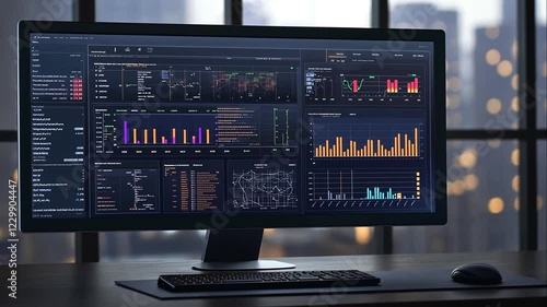 Computer screen displaying advanced data analytics with graphs, charts, and real-time financial trends.