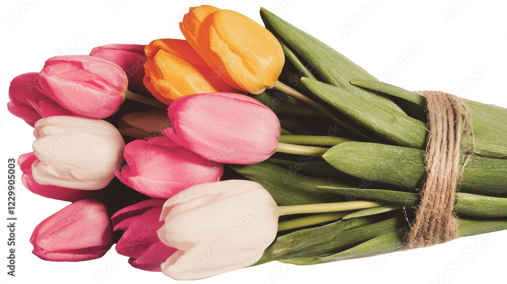Beautiful bouquet of pink, white and orange tulips tied with twine, isolated on transparent background, perfect for celebrating spring and women's day on march 8th Beautiful bouquet of pink, white and orange tulips tied with twine, isolated on transparent background, perfect for celebrating spring and women's day on march 8th