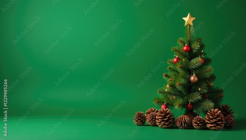 Decorated Christmas tree with holly pinecones on a green background, holly, green, pinecone Decorated Christmas tree with holly pinecones on a green background, holly, green, pinecone